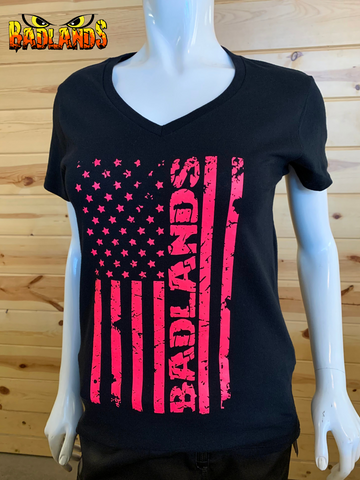 Badlands Ladies Black/Pink Flag T-shirt